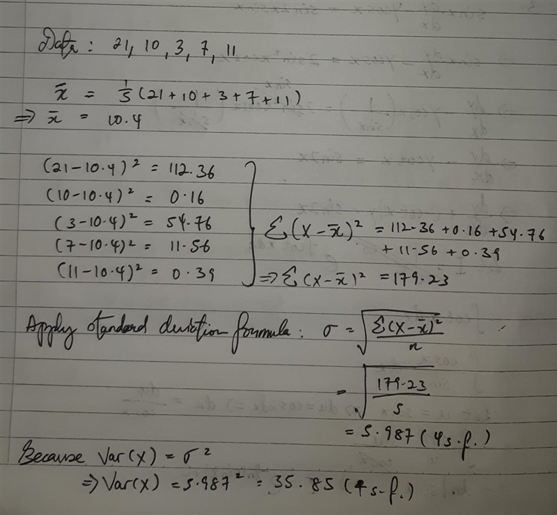 Fiad the sample variance and standard deviation. 21, 10, 3, 7, 11-example-1