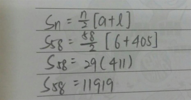 What is the sum of a 58 term arithmetic sequence where the first term is six in the-example-1