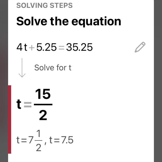 Find the variable : 4t + 5.25 = 35.25 ​-example-1