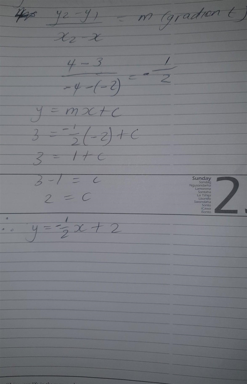 Write the equation of a line that passes through the points (-2, 3) and (-4, 4) in-example-1