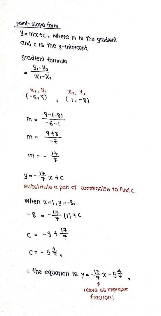 Write an equation of a line with slope of that passes through (-6,9) and (1,-8) in-example-1