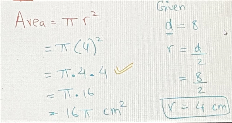 Mark wants to find the area of a circle with a diameter of 8 cm. Which expressions-example-1