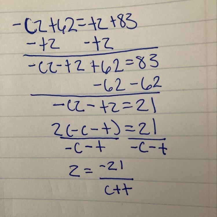 Solve for z. -cz + 62 = tz + 83-example-1