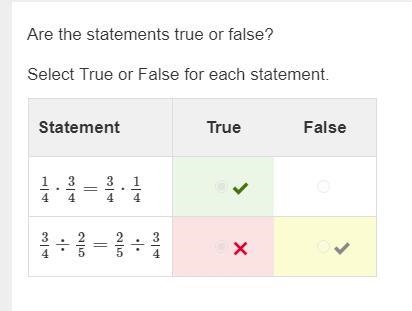 Are the statements true or false? Select True or False for each statement. Statement-example-1