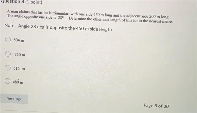 A man claims that his lot is triangular, with one side 450 m long and the adjacent-example-1