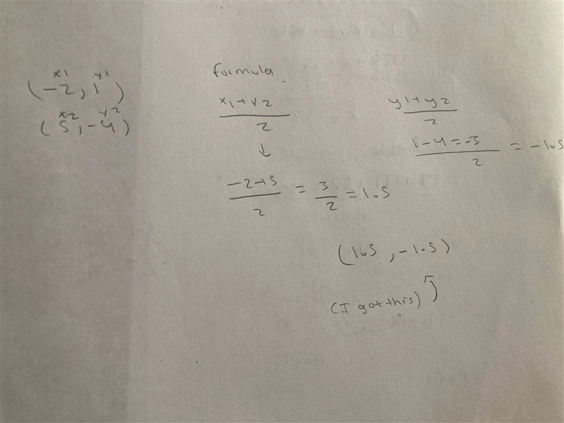 Find the midpoint of the two points on the circle (-2,1) and (5,-4)-example-1