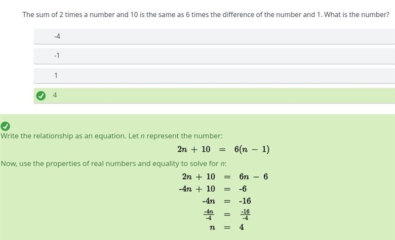 The sum of 2 times a number and 10 is the same as 6 times the difference of the number-example-1