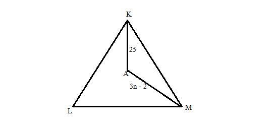 The perpendicular bisectors of ΔKLM intersect at point A. If AK = 25 and AM = 3n - 2, then-example-1