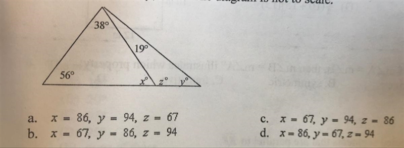 Find the values of x,y,and z. The diagram is not to scale.-example-1