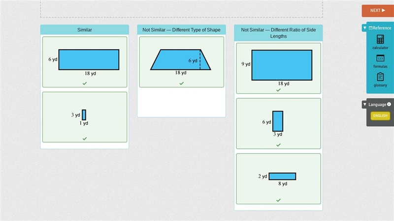 Drag each figure to show if it is similar to the figure shown or why it is not similar-example-1