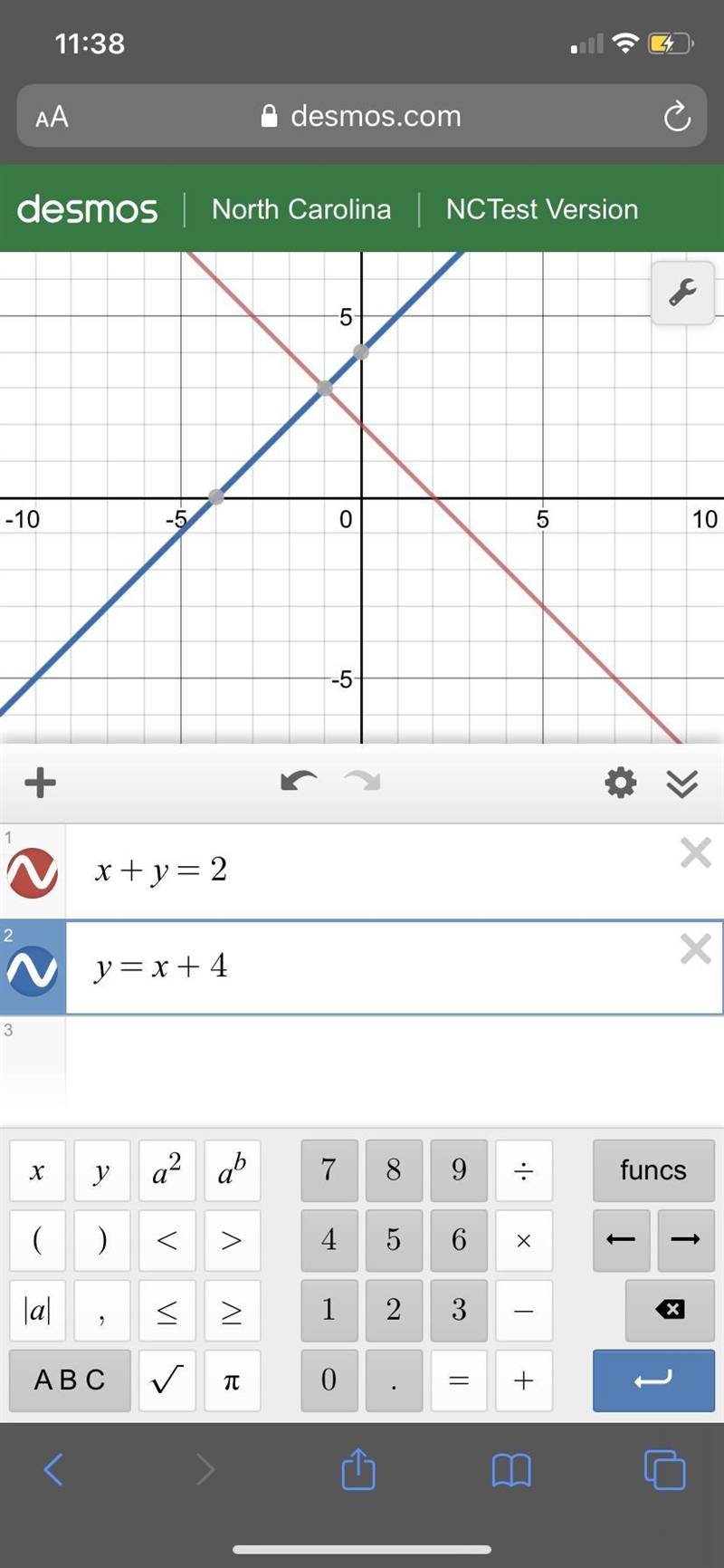 Which statement explains how the lines x+y=2 and y=x+4 are related-example-1