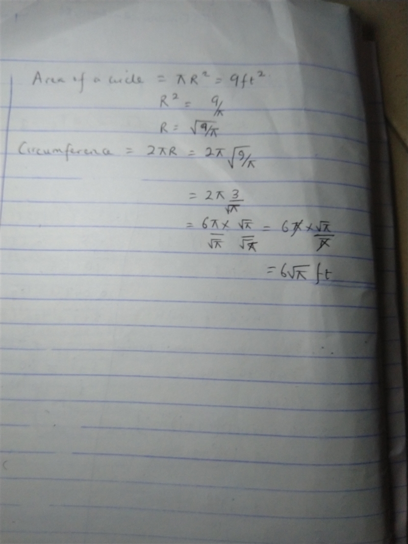 The area of a circle is 9 ft2. What is the circumference, in feet? Express your answer-example-1