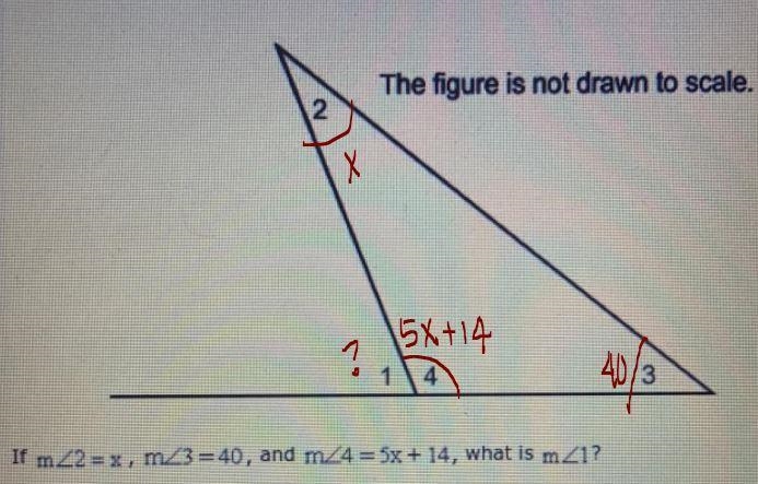 If m_2= x, m/3=40, and m24=5x + 14, what is mZ1? A. 80 B. 121 C. 21 D. 61-example-1