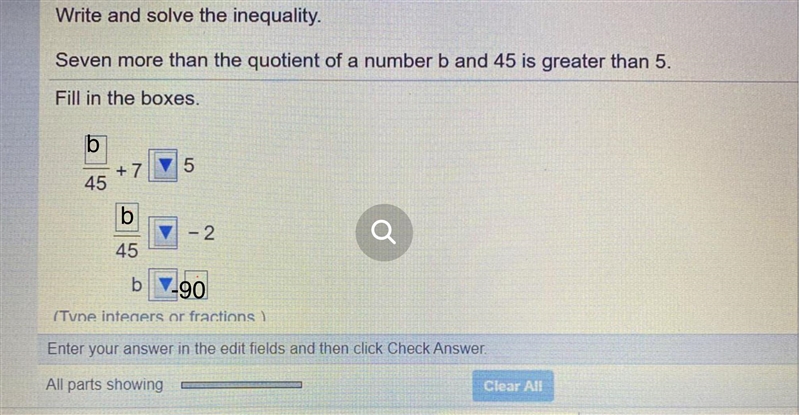 Seven more than the quotient of a number b and 45 is greater than 5-example-1