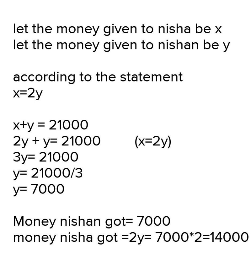 Divide rs 21000 between Nisha and Nishan so that Nisha gets double than Nishan ​-example-1