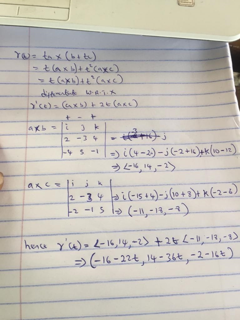 Find the derivative of the vector function r(t)=ta×(b+tc), where a=⟨2,−3,4⟩, b=⟨−4,5,−1⟩, and-example-1