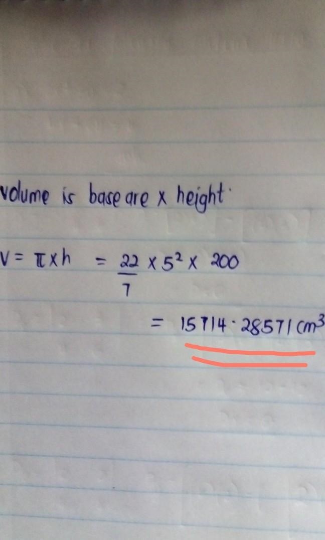 Pipe is 10cm round 2metres long what is the volume in cm-example-1