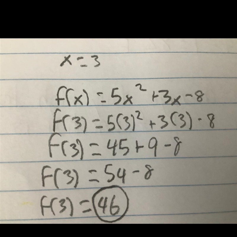 For the function f(x) = 5x^2 + 3x - 8. What is the value of the function when x=3 ?-example-1