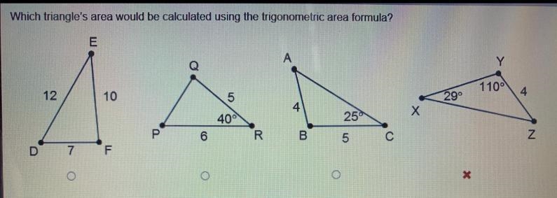 Which triangle’s area would be calculated using the trigonometric area formula? Triangle-example-1