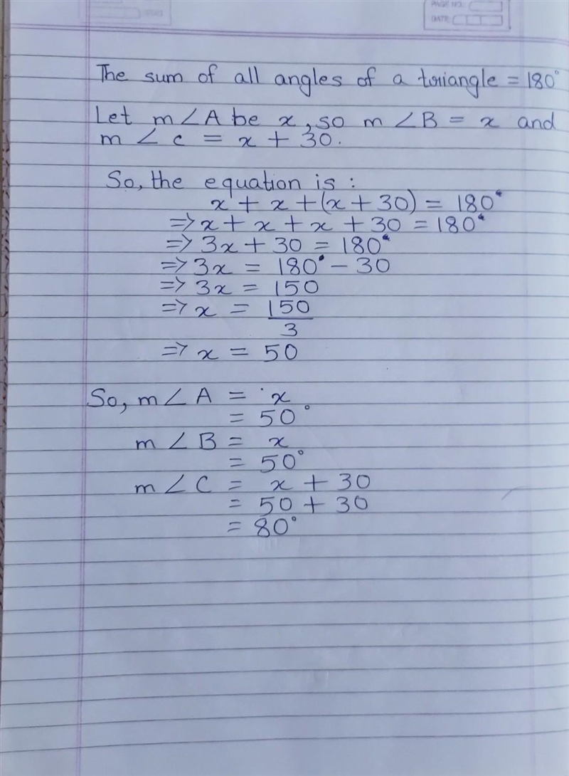 The sum of the measures of the angles of any triangle is 180°. In triangle ABC, angles-example-1