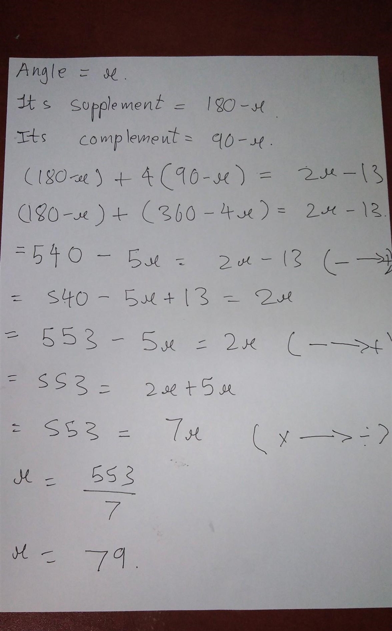 Find the measure of an angle such that the sum of its supplement and four times its-example-1