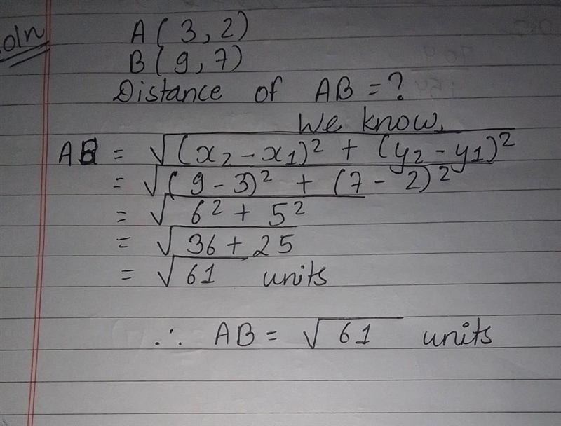 Find distance AB. A(3, 2) and B(9,7)-example-1