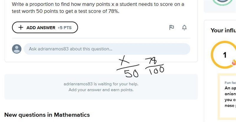 Write a proportion to find how many points x a student needs to score on a test worth-example-1