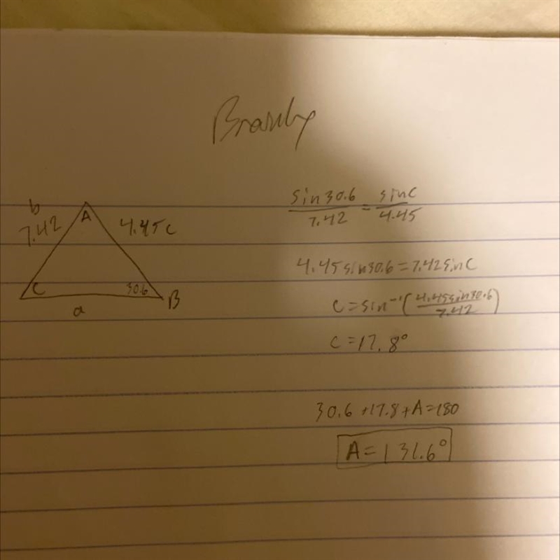 Find A if B=30.6°, b=7.42 in, and c=4.45-example-1