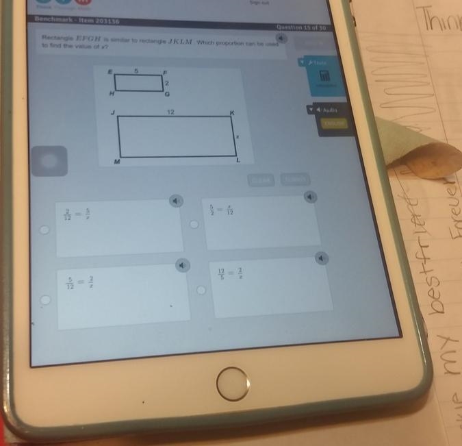 Rectangle EFGH is similar to rectangle JKLM. Which proportion can be used to find-example-1