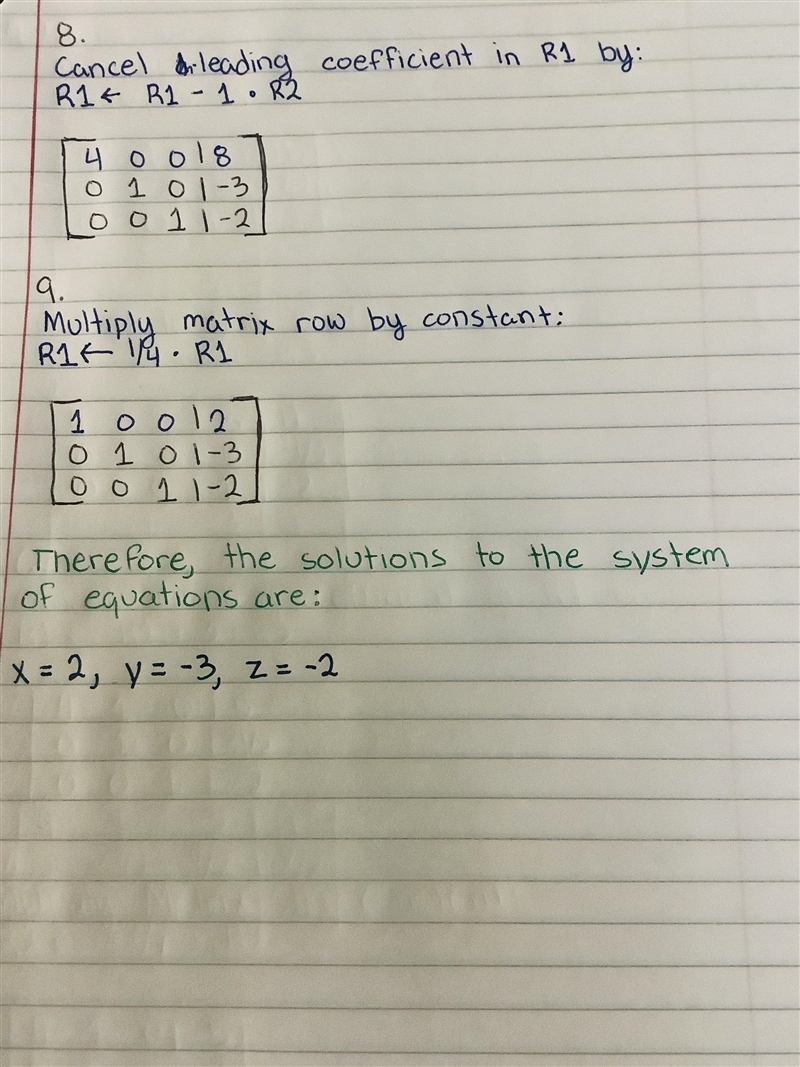 Solve the system of equations using Gaussian elimination. 4x+y-3z &= 11 \\2x-3y-example-3