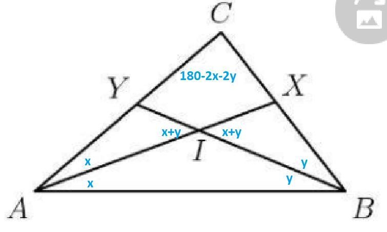 Angle bisectors AX and of triangle ABC meet at point I. Find angle C in degrees, if-example-1