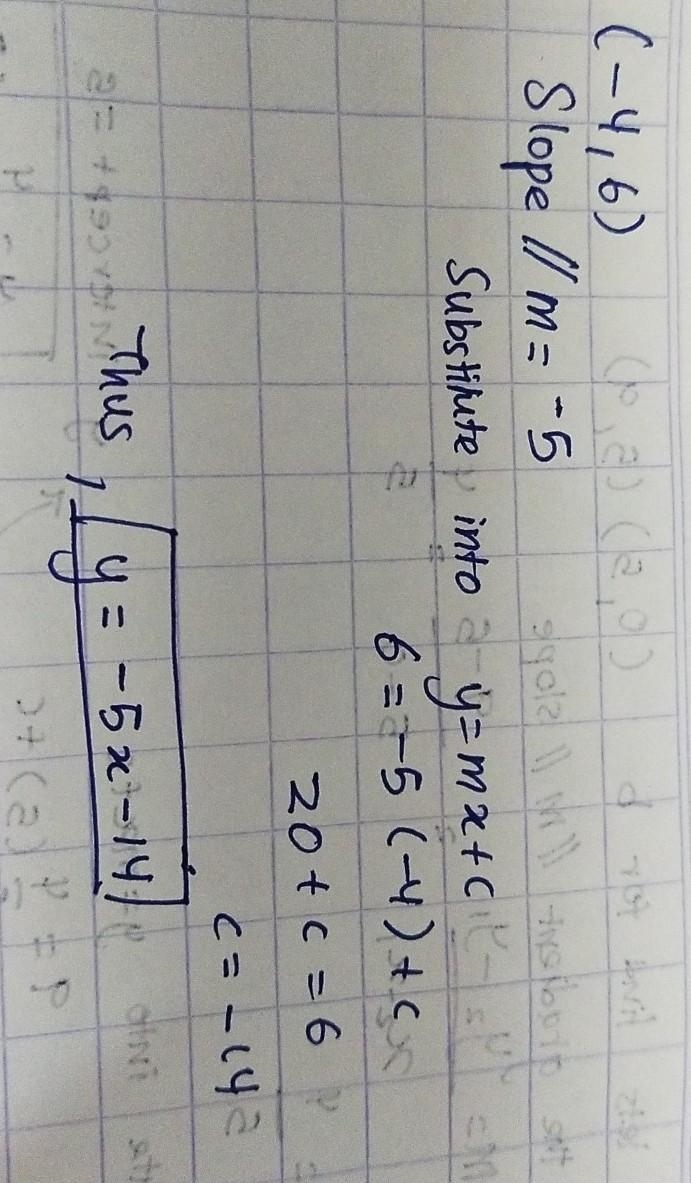 A line passes through the point (-4,6) and has a slope of -5. Write an equation in-example-1