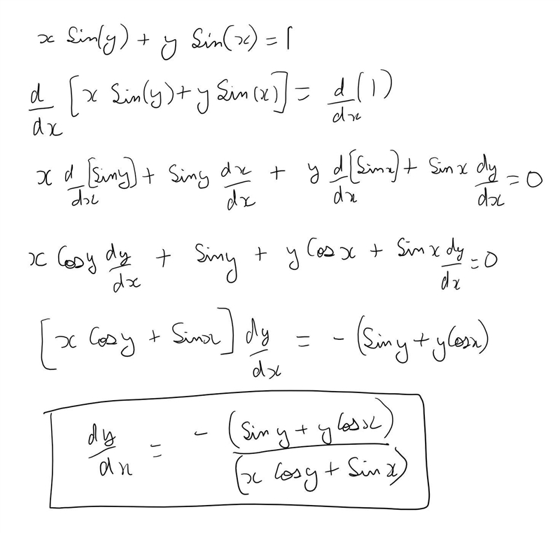 X sin(y) + y sin(x) = 1 find dy/dx show steps please-example-1