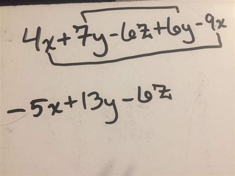 4x + 7y - 6z + 6y - 9x like terms-example-1