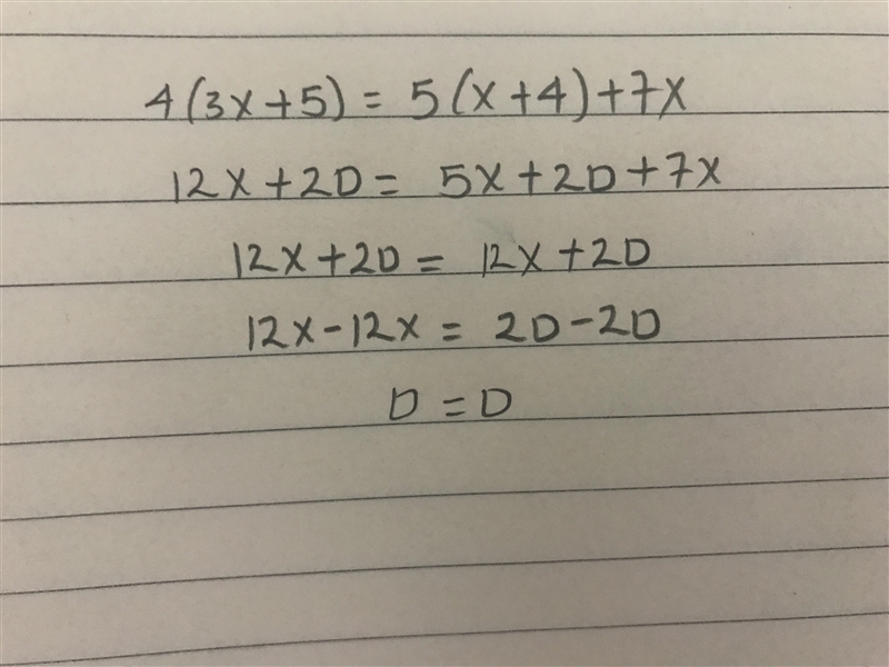 What is the solution to this equation? 4(3x + 5) = 5(x + 4) + 7x-example-1