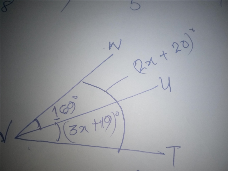 Find m∠UVT m∠WVU = 169° m∠WVT = (2x + 20)° m∠UVT = (3x + 19)°-example-1