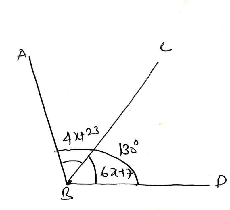 ∠ABC is adjacent to ∠CBD. If the m∠ABC=4x+23, m∠CBD=6x+7, and m∠ABD=130°, what is-example-1