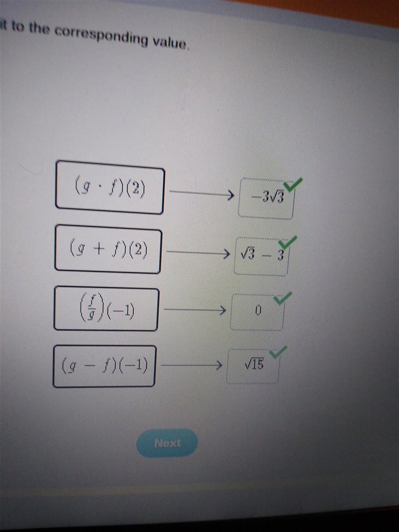 Consider functions f and g Evaluate each combined function, and match it to the corresponding-example-1