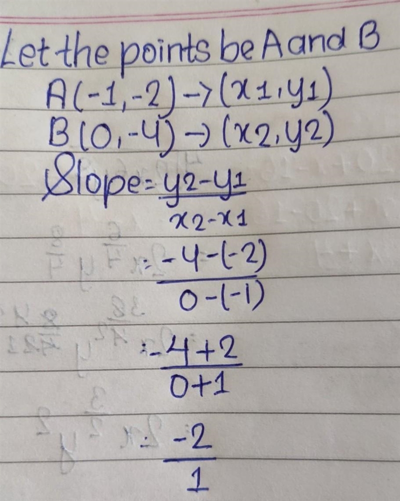 What is the slope of (-1,-2) and (0,-4)-example-1