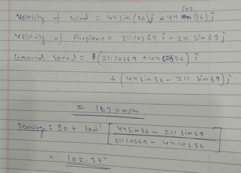 An airplane is headed on a bearing of 159° at an airspeed of 211 km per hr. A 44 km-example-2