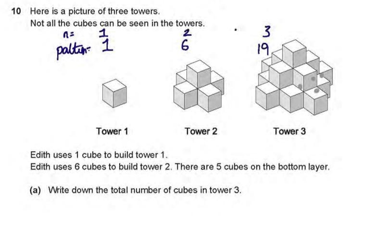 Edith uses 1 cube to build tower 1. Edith uses 6 cubes to build tower 2. There are-example-1