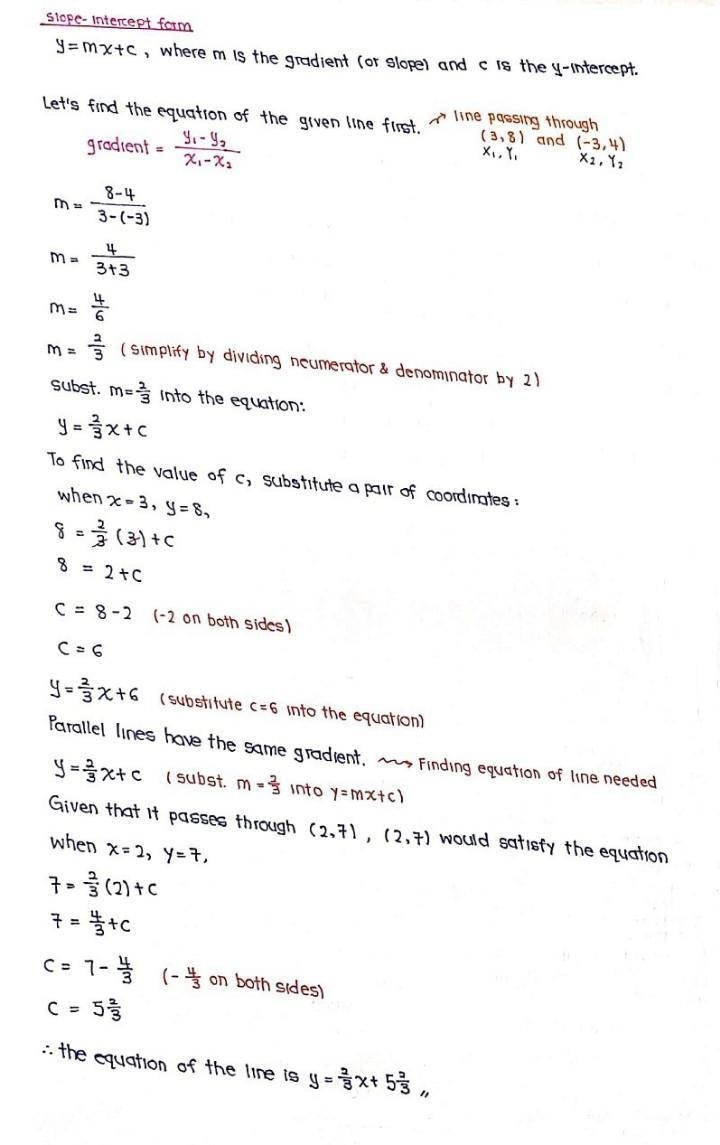 Find the​ slope-intercept form for the line passing through ​(​2,7​) and parallel-example-1