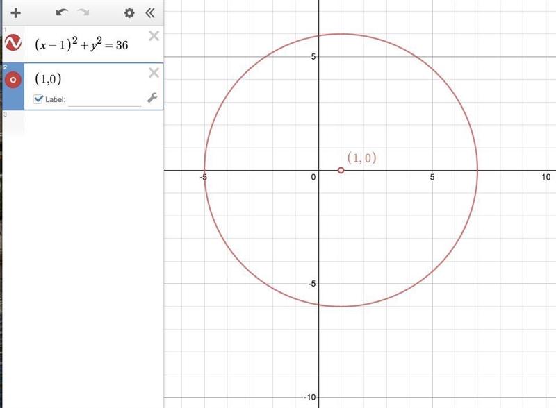 (X-1) squared + y squared = 36. What is the center and radius of the circle-example-1