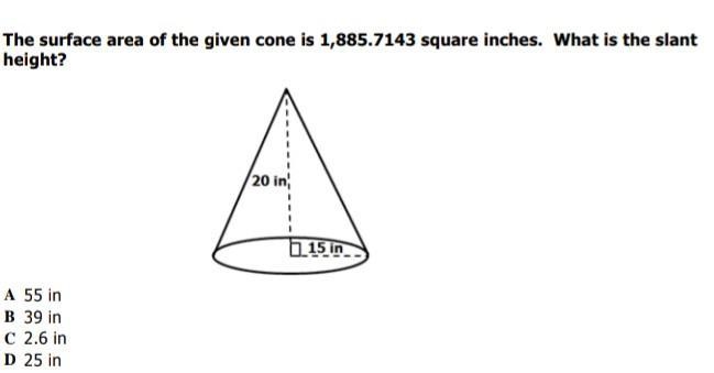 The surface area of a given cone is 1,885.7143 square inches. What is the slang height-example-1