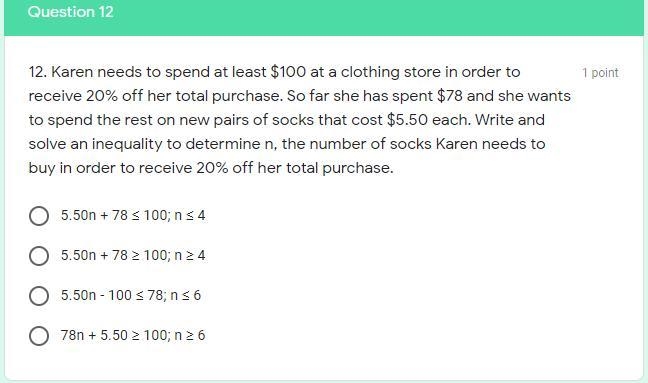 12. Karen needs to spend at least $100 at a clothing store in order to receive 20% off-example-1