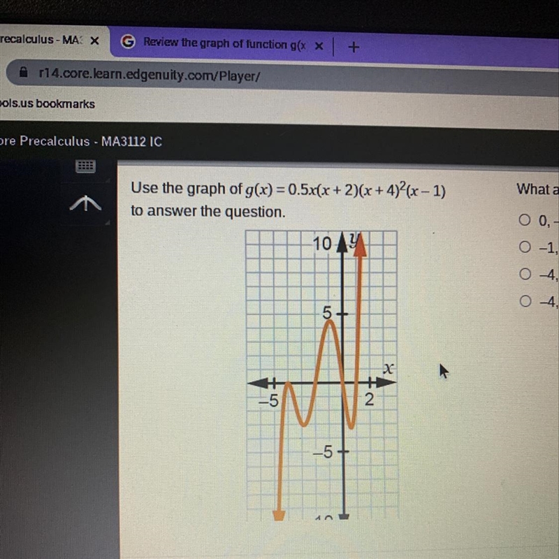 What are the zeros of the polynomial function g(x) = 0.5(x+2)(x+4)^2(x-1)-example-1