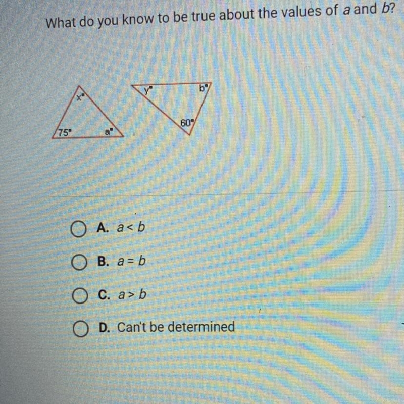 What do you know to be true about the values of a and b? 60" 75" O A. a-example-1