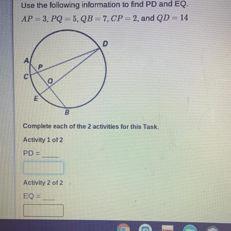 Use the following information to find PD and EQ. AP = 3, PQ = 5, QB = 7, CP=2, and-example-1