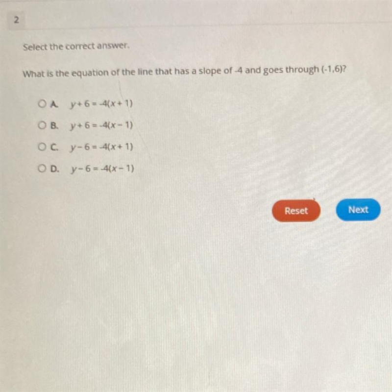 Select the correct answer. What is the equation of the line that has a slope of -4 and-example-1