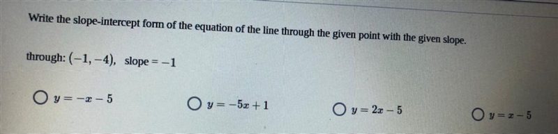 Write the slope intercept form of the equation of the line through the given point-example-1